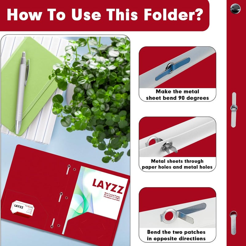 LAYZZ Plastic 2 Pocket Folders with Prongs, 30 Pack, Heavyweight, Letter Size Poly Folders with 3 Metal Prongs Fastener Clips (Red) - Image 4